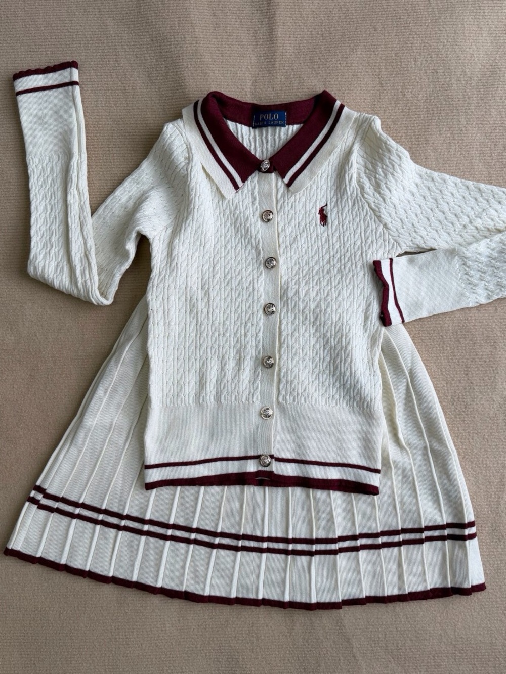 Polo by Ralph Lauren Cream Knit Polo Collar Skirt Set with Maroon Trim - Picture 8 of 8